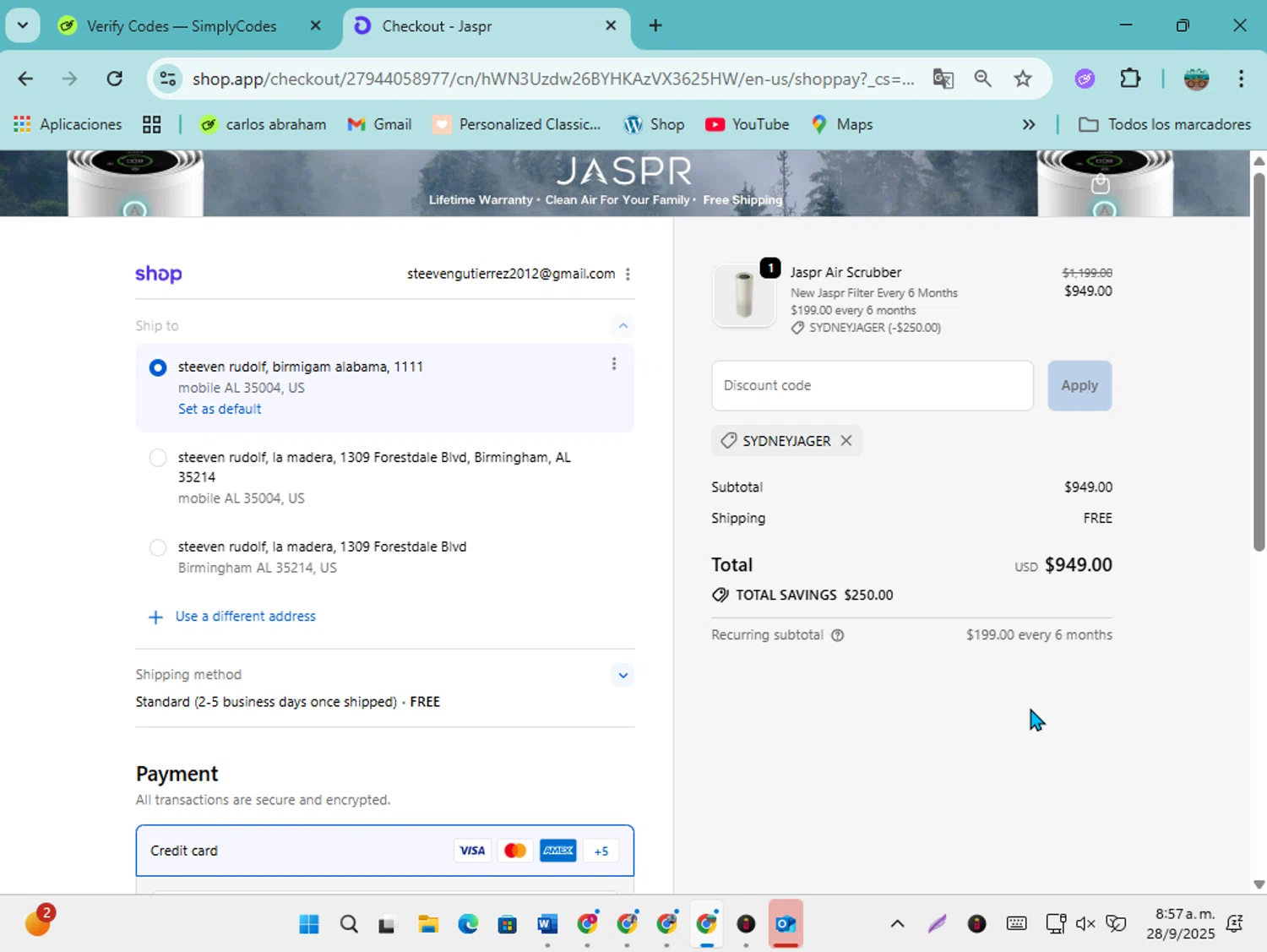 Jaspr Air Purifier discount code screenshot showing code SYDNEYJAGER applied at Jaspr Air Purifier checkout page. Uploaded by SimplyCodes community member karolg on Sep 28, 2025