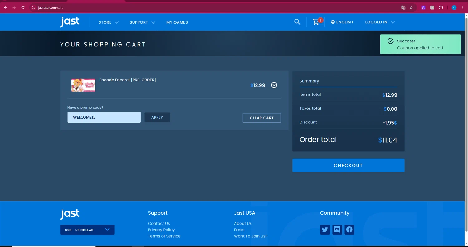 JAST USA promo code screenshot showing code WELCOME15 applied at JAST USA checkout page. Uploaded by SimplyCodes community member Turiderss on Apr 4, 2025