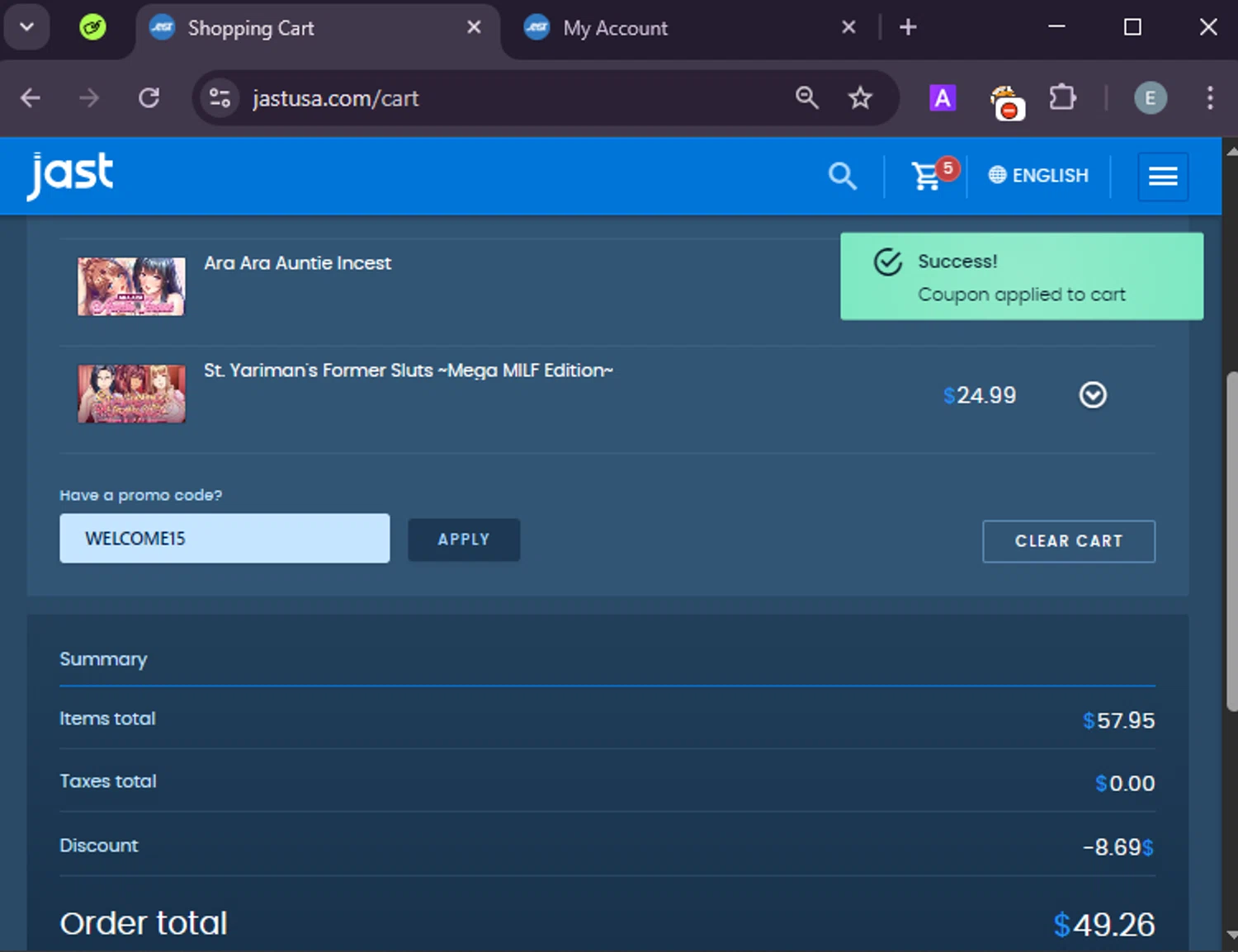 JAST USA promo code screenshot showing code WELCOME15 applied at JAST USA checkout page. Uploaded by SimplyCodes community member LuckyExpert7689 on Apr 10, 2025