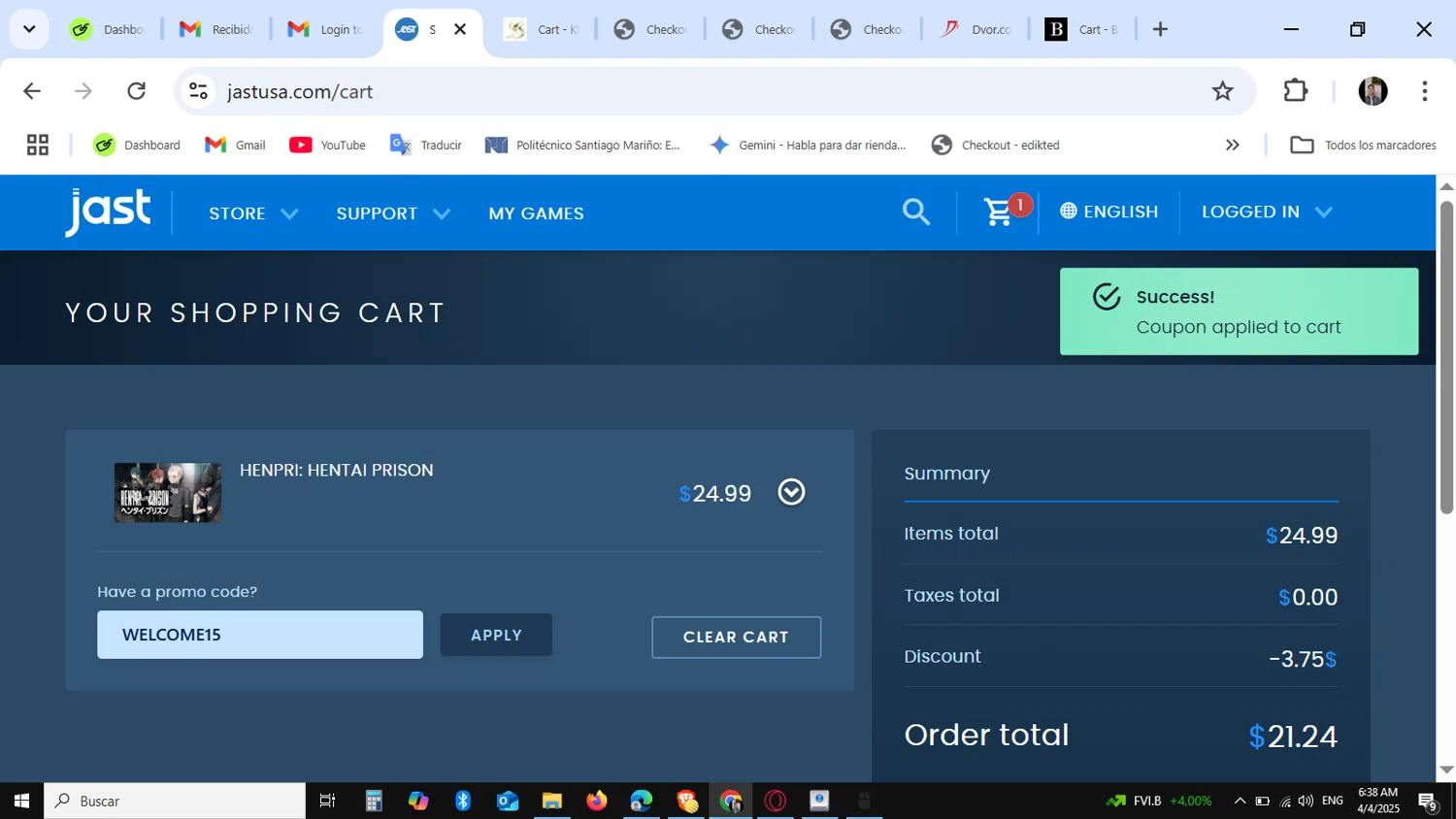 JAST USA promo code screenshot showing code WELCOME15 applied at JAST USA checkout page. Uploaded by SimplyCodes community member Carbon132 on Apr 4, 2025
