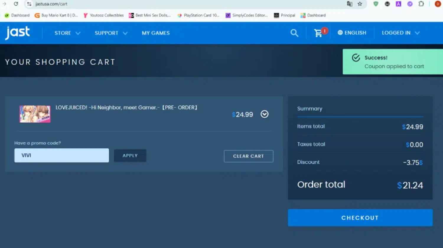 JAST USA promo code screenshot showing code VIVI applied at JAST USA checkout page. Uploaded by SimplyCodes community member FrugalSentinel6206 on Nov 15, 2025