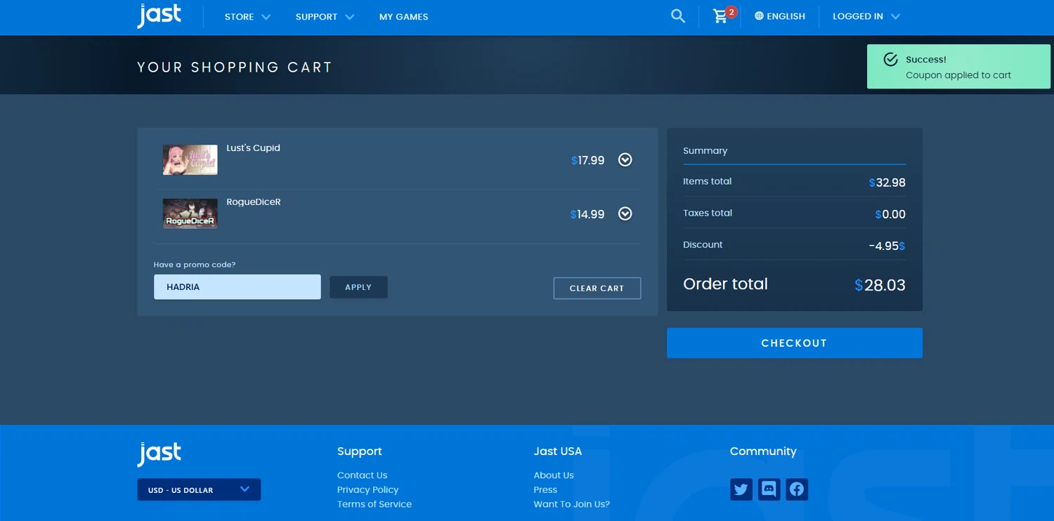 JAST USA checkout page showing JAST USA promo code box | Screenshot taken by SimplyCodes community member on Feb 7, 2026