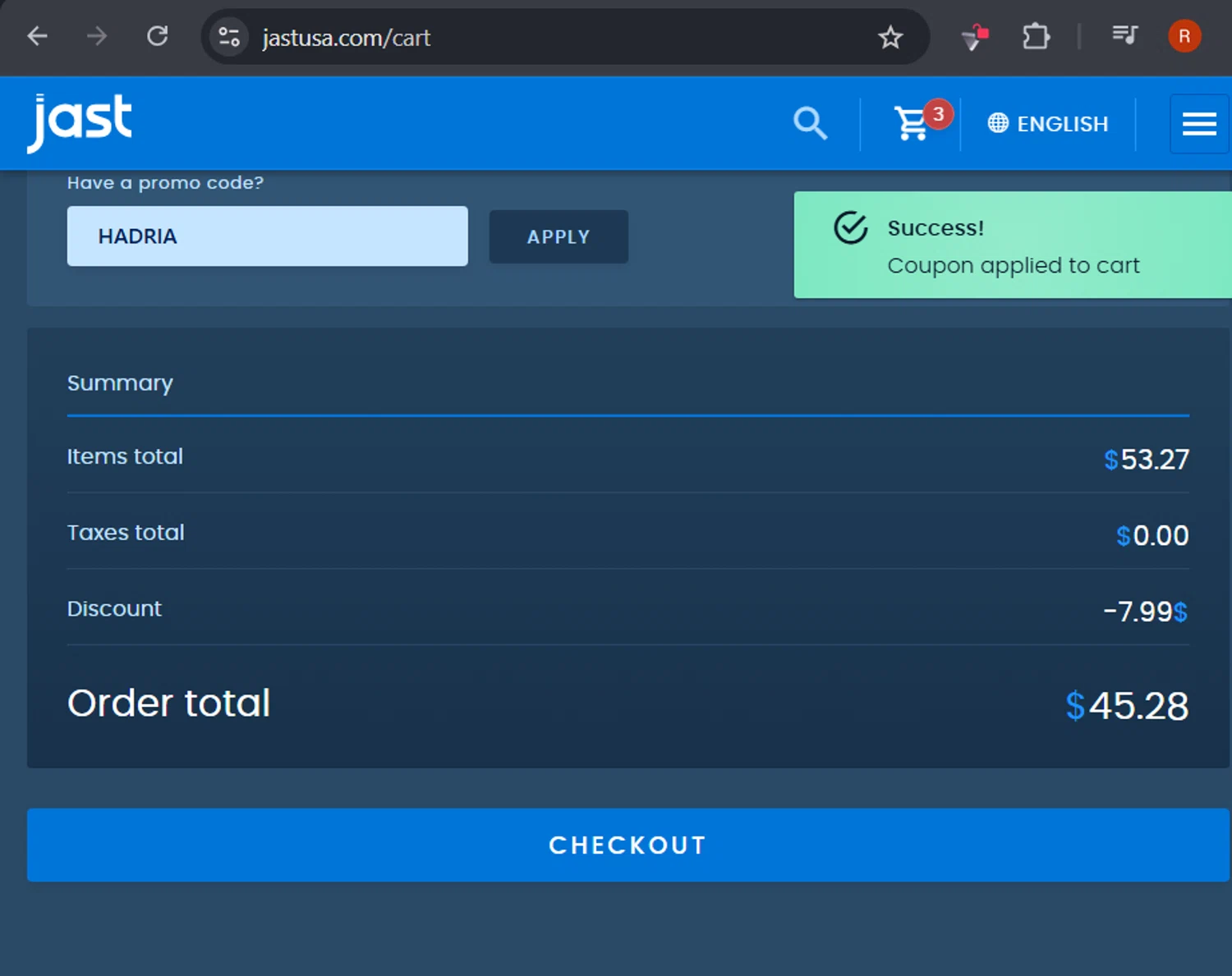 JAST USA promo code screenshot showing code HADRIA applied at JAST USA checkout page. Uploaded by SimplyCodes community member RafaLB on Jun 21, 2025