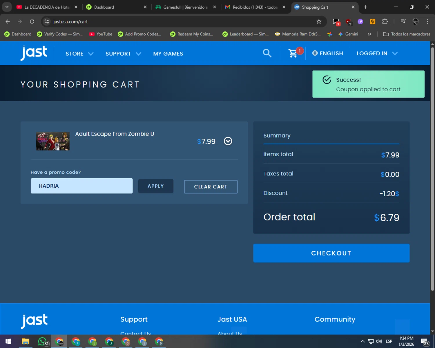JAST USA promo code screenshot showing code HADRIA applied at JAST USA checkout page. Uploaded by SimplyCodes community member SilverAdmiral2559 on Jan 3, 2026