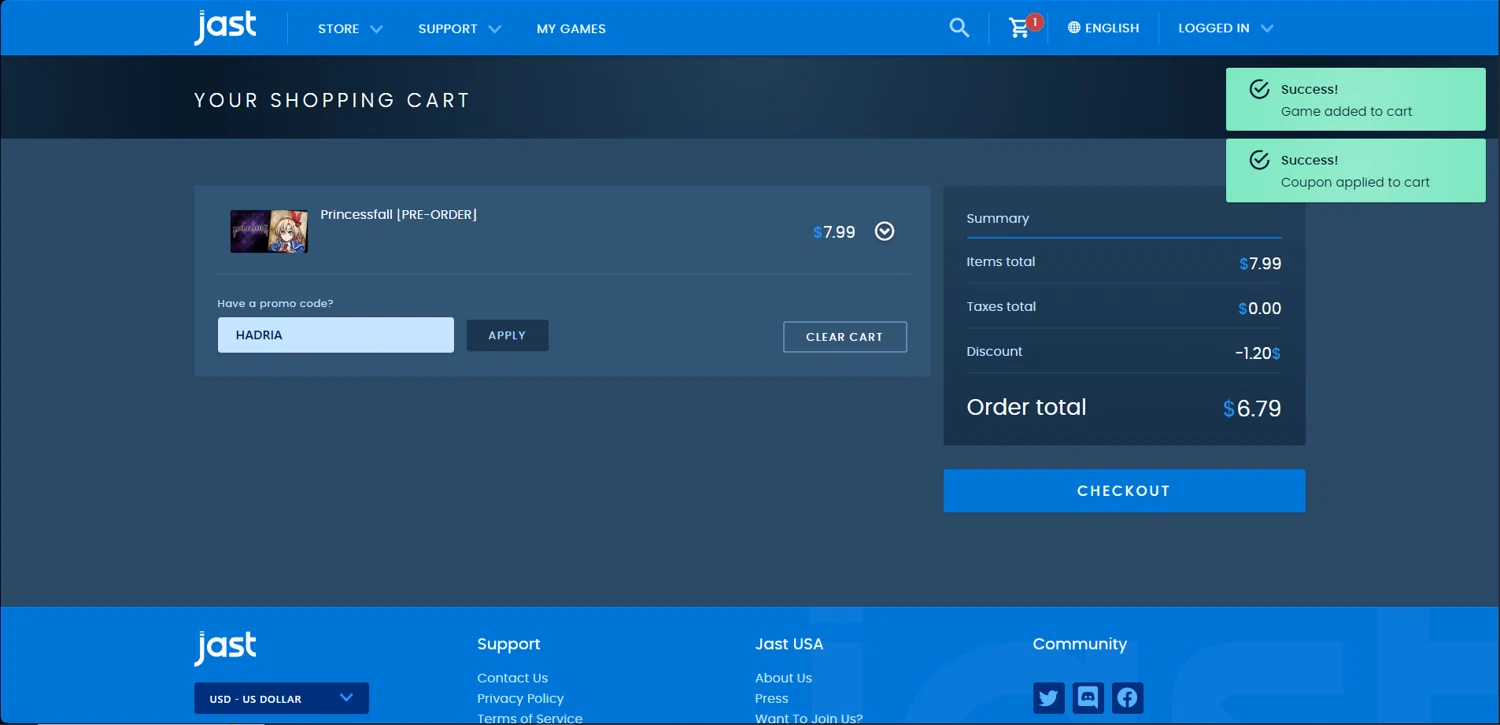 JAST USA promo code screenshot showing code HADRIA applied at JAST USA checkout page. Uploaded by SimplyCodes community member ishidashoya on Jul 20, 2025