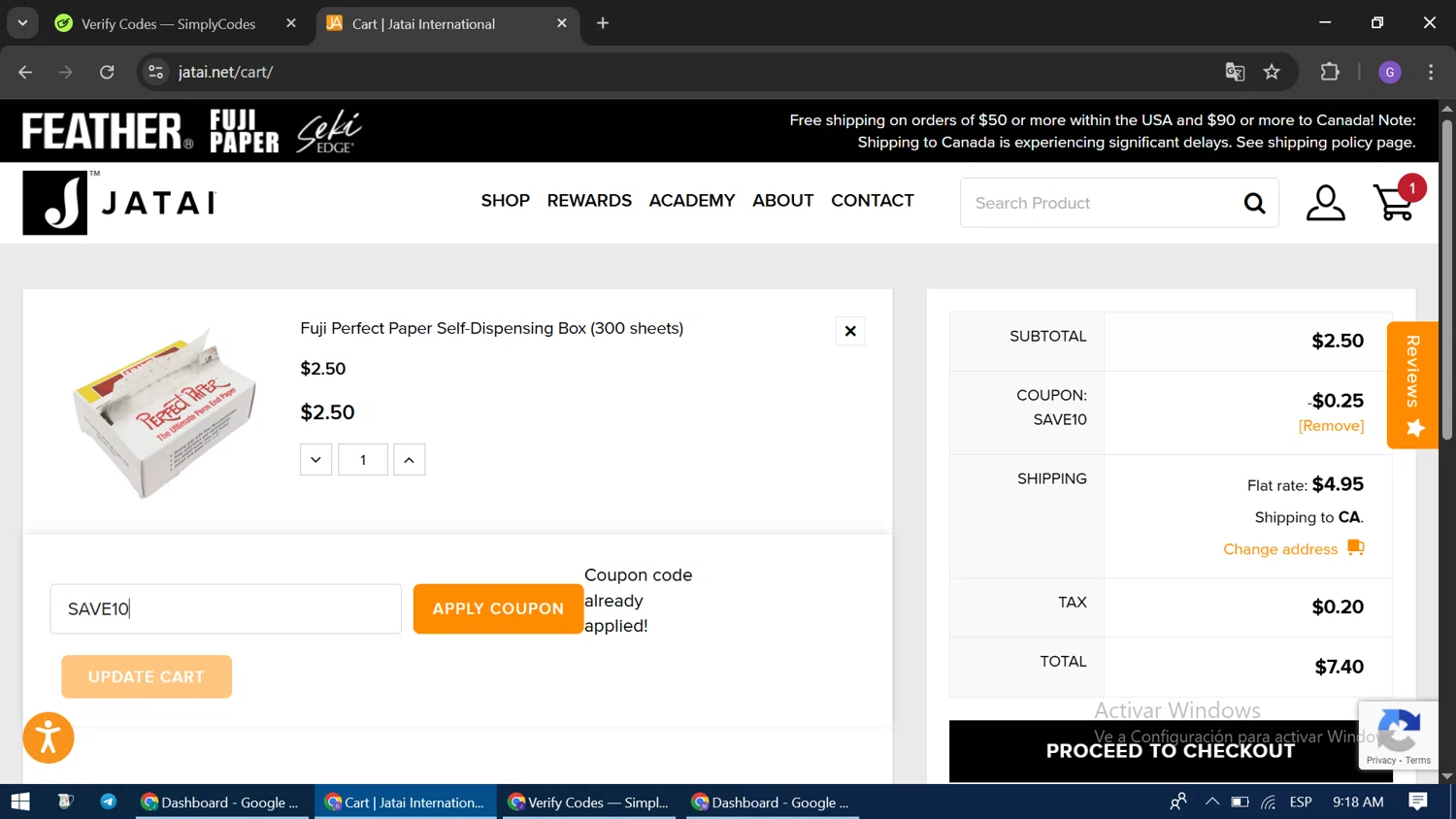 JATAI coupon code screenshot showing code SAVE10 applied at JATAI checkout page. Uploaded by SimplyCodes community member GloriousCaptain3662 on Apr 25, 2025