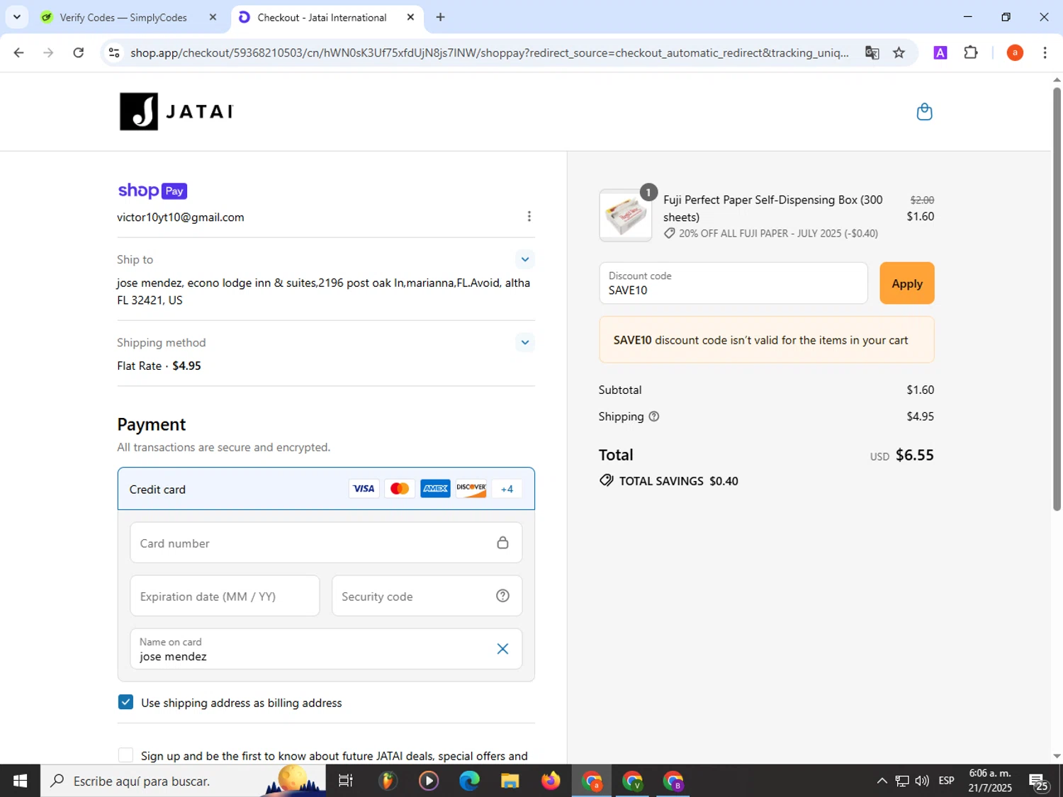 JATAI coupon code screenshot showing code SAVE10 applied at JATAI checkout page. Uploaded by SimplyCodes community member partenalgas on Jul 21, 2025