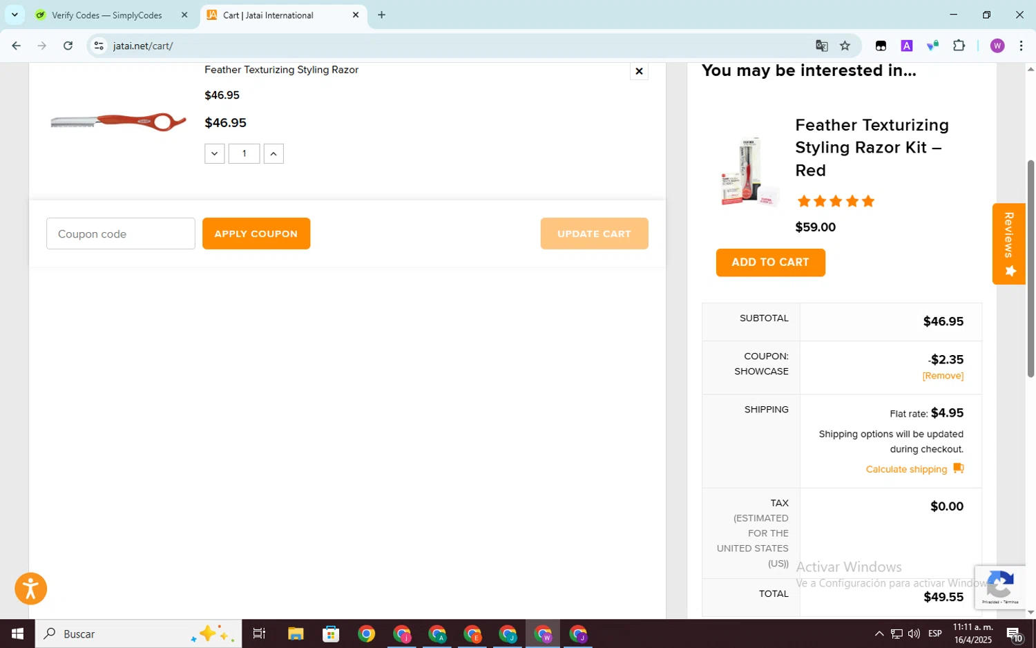JATAI coupon code screenshot showing code SHOWCASE applied at JATAI checkout page. Uploaded by SimplyCodes community member SwiftScout6682 on Apr 16, 2025