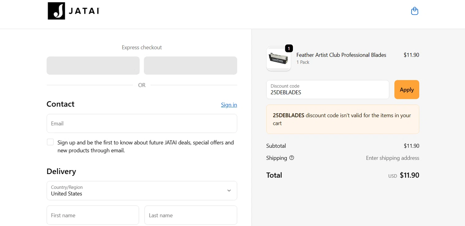 JATAI checkout page showing JATAI coupon code box | Screenshot taken by SimplyCodes community member on Sep 23, 2025