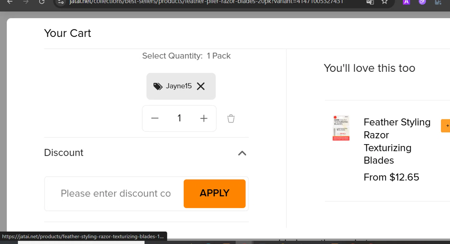 JATAI coupon code screenshot showing code JAYNE15 applied at JATAI checkout page. Uploaded by SimplyCodes community member Marysan on Oct 22, 2025