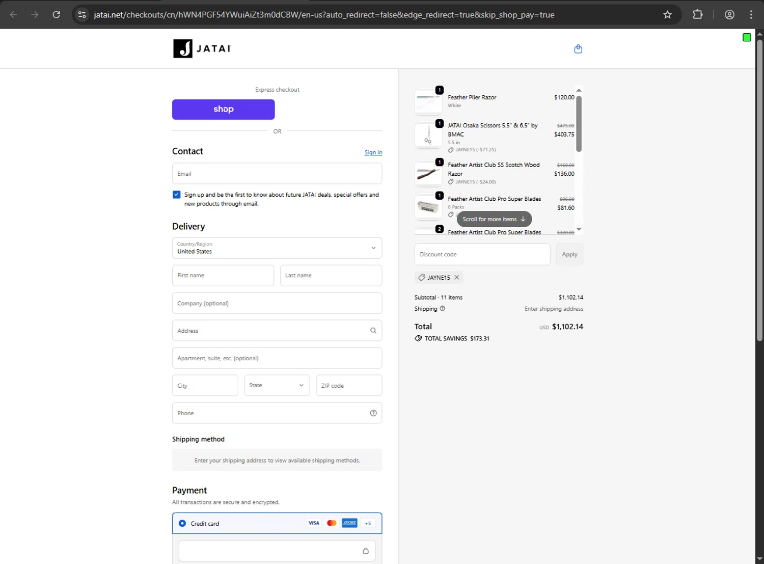 JATAI coupon code screenshot showing code JAYNE15 applied at JATAI checkout page. Uploaded by SimplyCodes community member jickselyspolanco on Oct 22, 2025