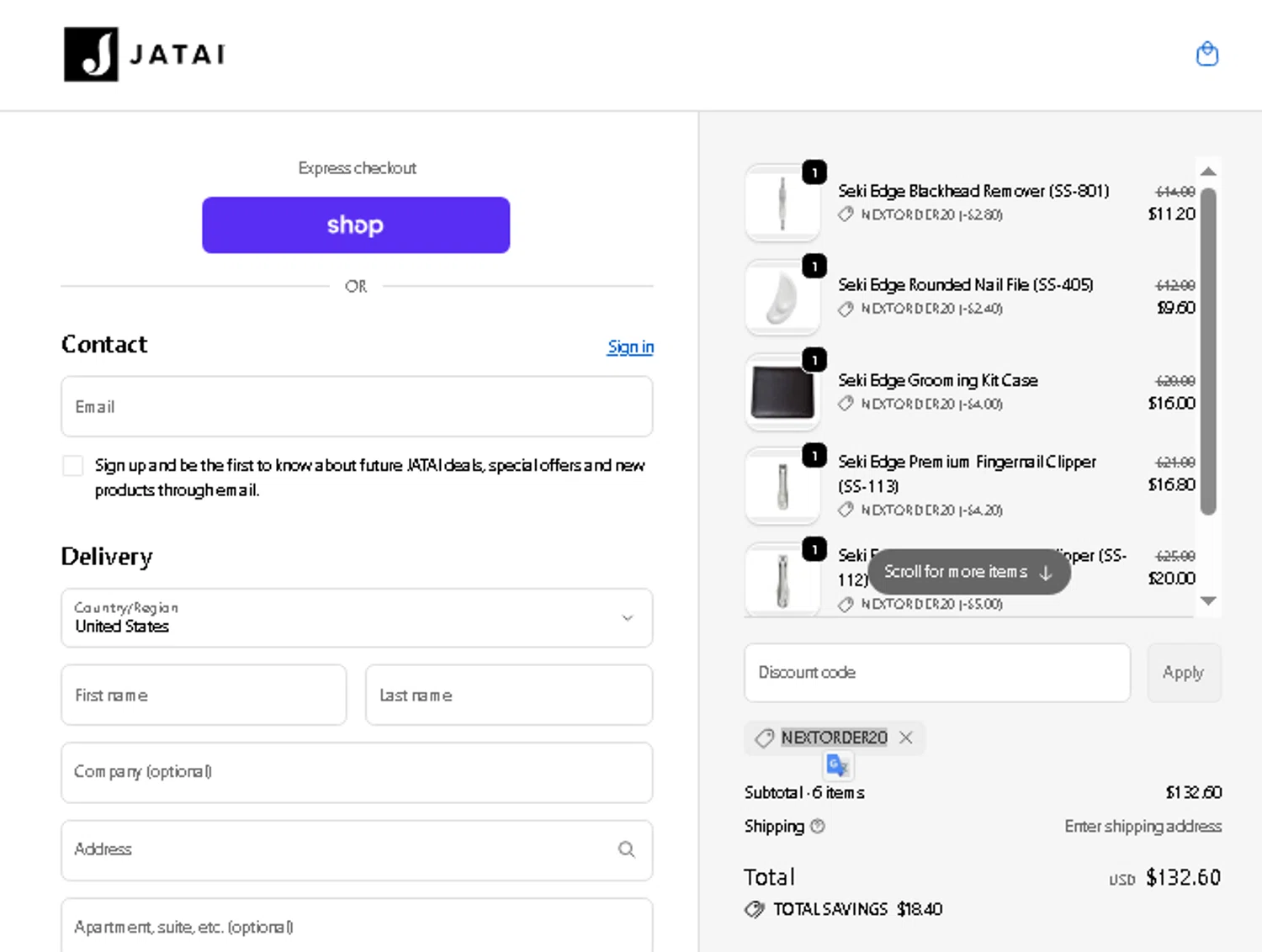 JATAI coupon code screenshot showing code NEXTORDER20 applied at JATAI checkout page. Uploaded by SimplyCodes community member AMANDA2681 on Oct 22, 2025