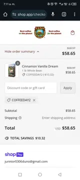 Java Planet Organic Coffee Roasters coupon verification screenshot