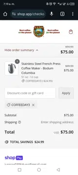 Java Planet Organic Coffee Roasters coupon verification screenshot