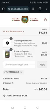 Java Planet Organic Coffee Roasters coupon verification screenshot