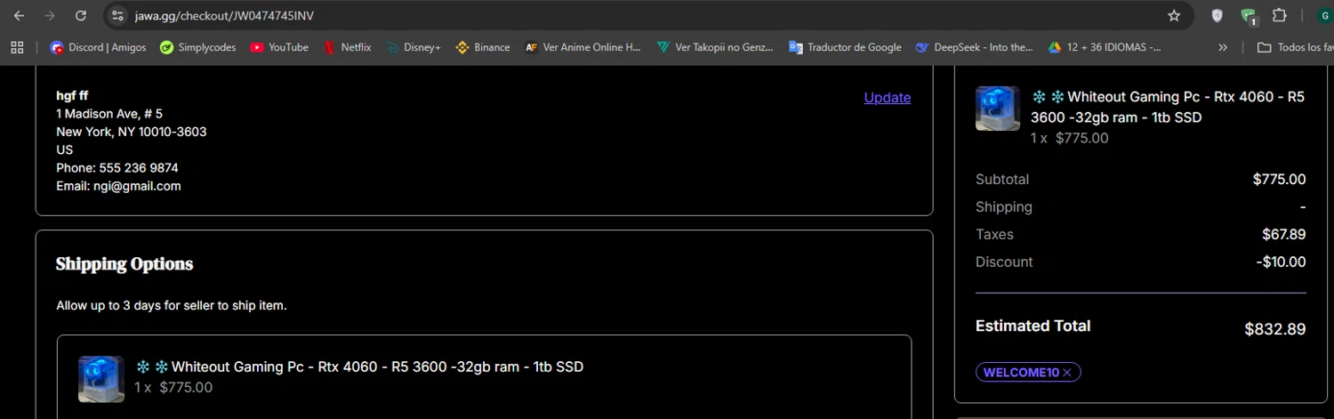 Jawa discount code screenshot showing code WELCOME10 applied at Jawa checkout page. Uploaded by SimplyCodes community member Hisoka on Oct 9, 2025