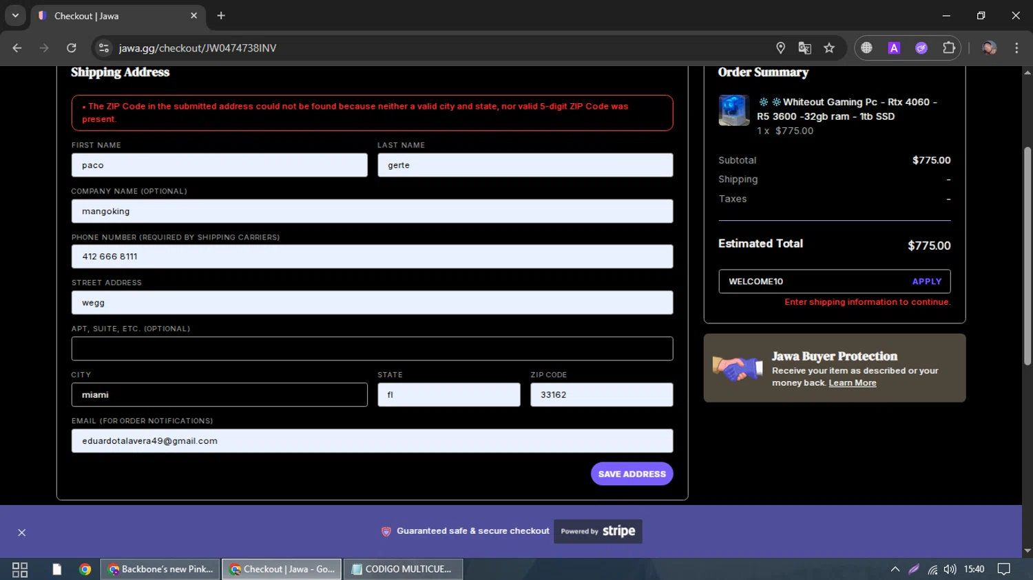 Jawa discount code screenshot showing code WELCOME10 applied at Jawa checkout page. Uploaded by SimplyCodes community member eduardotalavera49_77 on Oct 9, 2025
