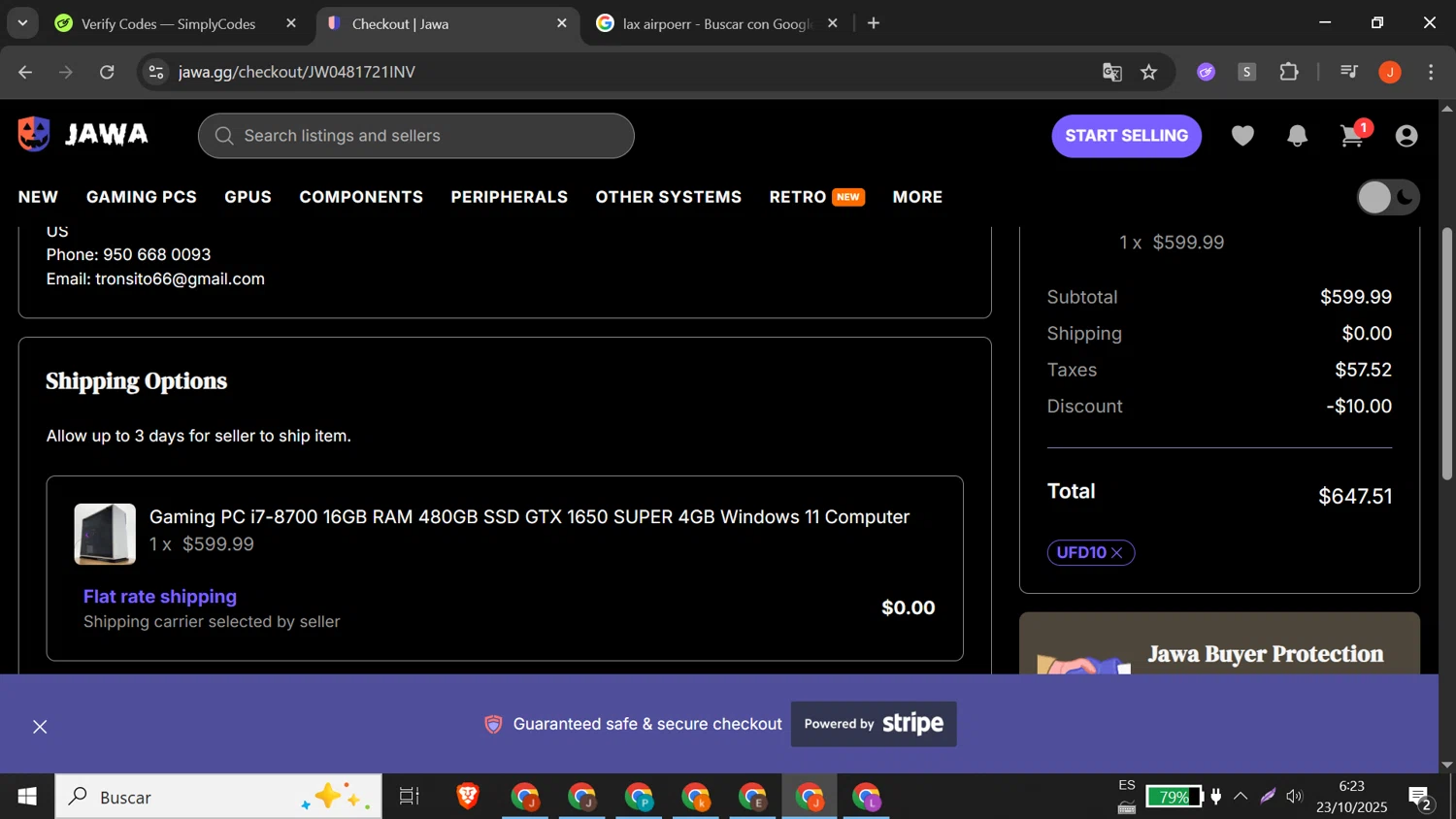 Jawa discount code screenshot showing code UFD10 applied at Jawa checkout page. Uploaded by SimplyCodes community member RewardLion5095 on Oct 23, 2025