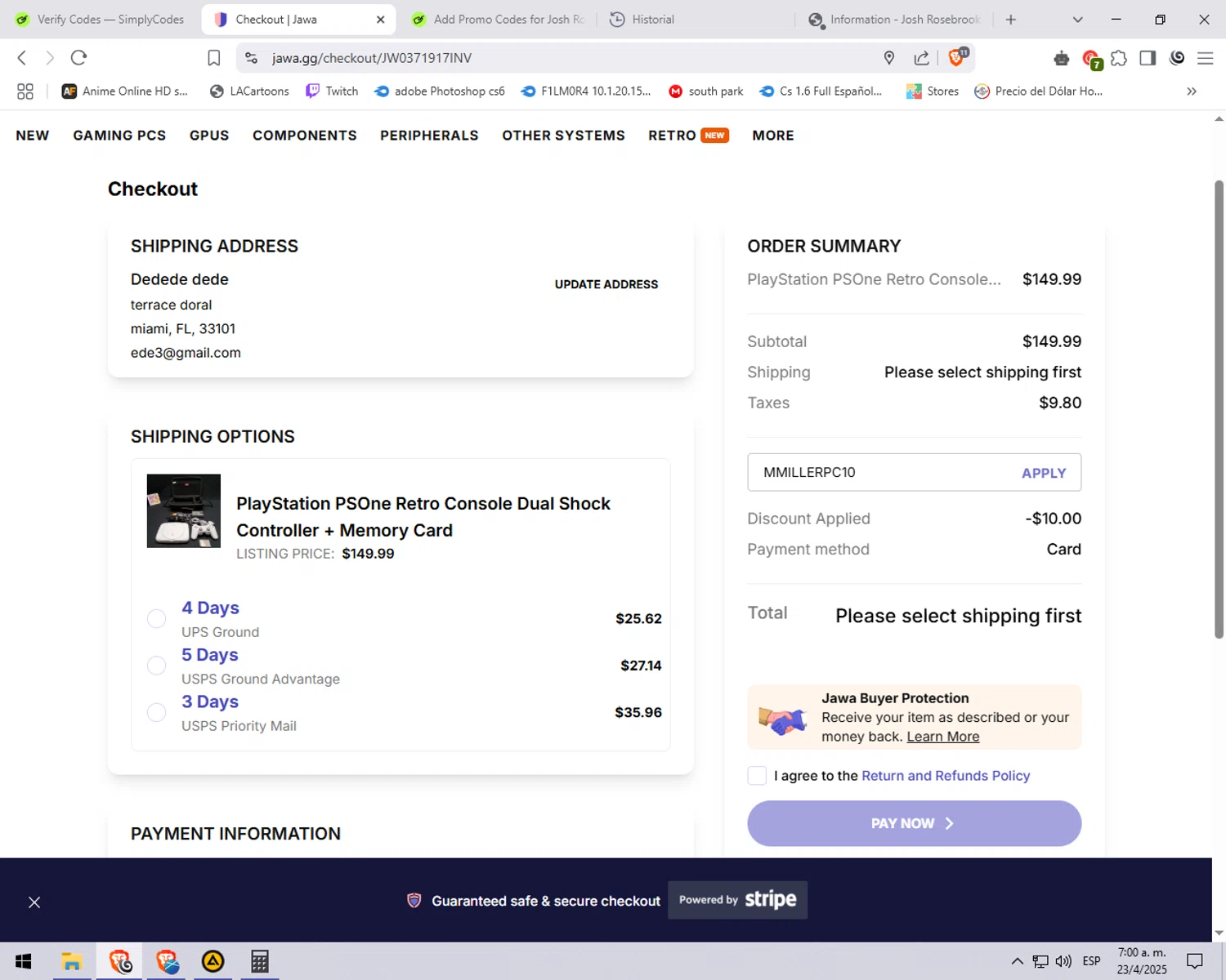 Jawa discount code screenshot showing code MMILLERPC10 applied at Jawa checkout page. Uploaded by SimplyCodes community member explorerr_exe on Apr 23, 2025
