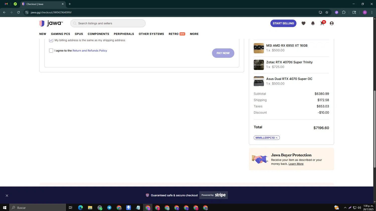 Jawa discount code screenshot showing code MMILLERPC10 applied at Jawa checkout page. Uploaded by SimplyCodes community member tinkle_tinkle on Jul 20, 2025