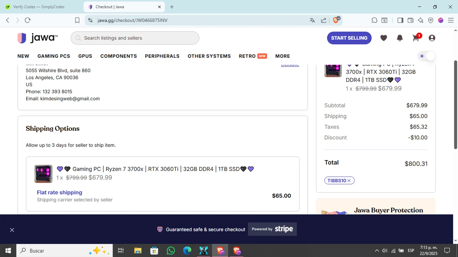 Jawa discount code screenshot showing code tibbs10 applied at Jawa checkout page. Uploaded by SimplyCodes community member Kim_michi on Sep 22, 2025