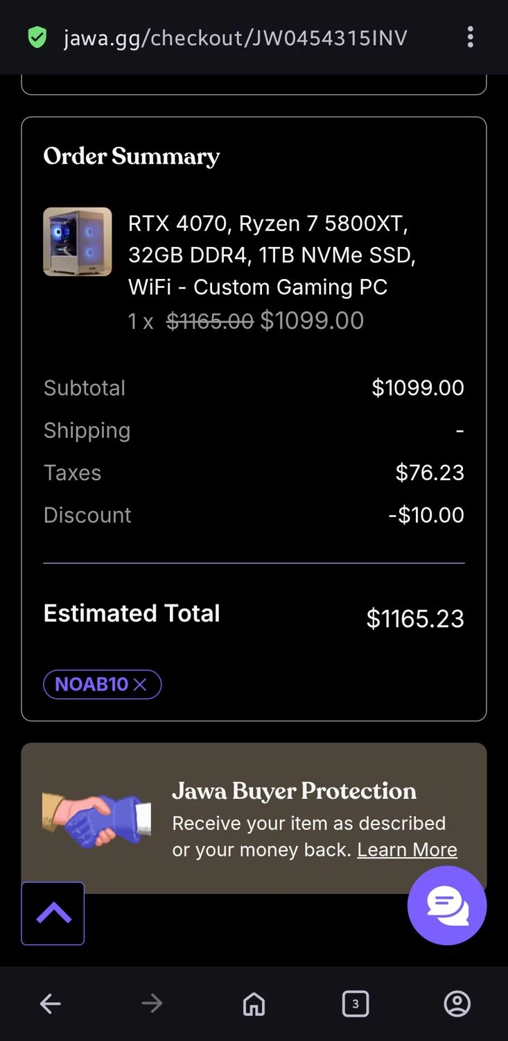 Jawa discount code screenshot showing code NOAB10 applied at Jawa checkout page. Uploaded by SimplyCodes community member Charly2607 on Aug 30, 2025