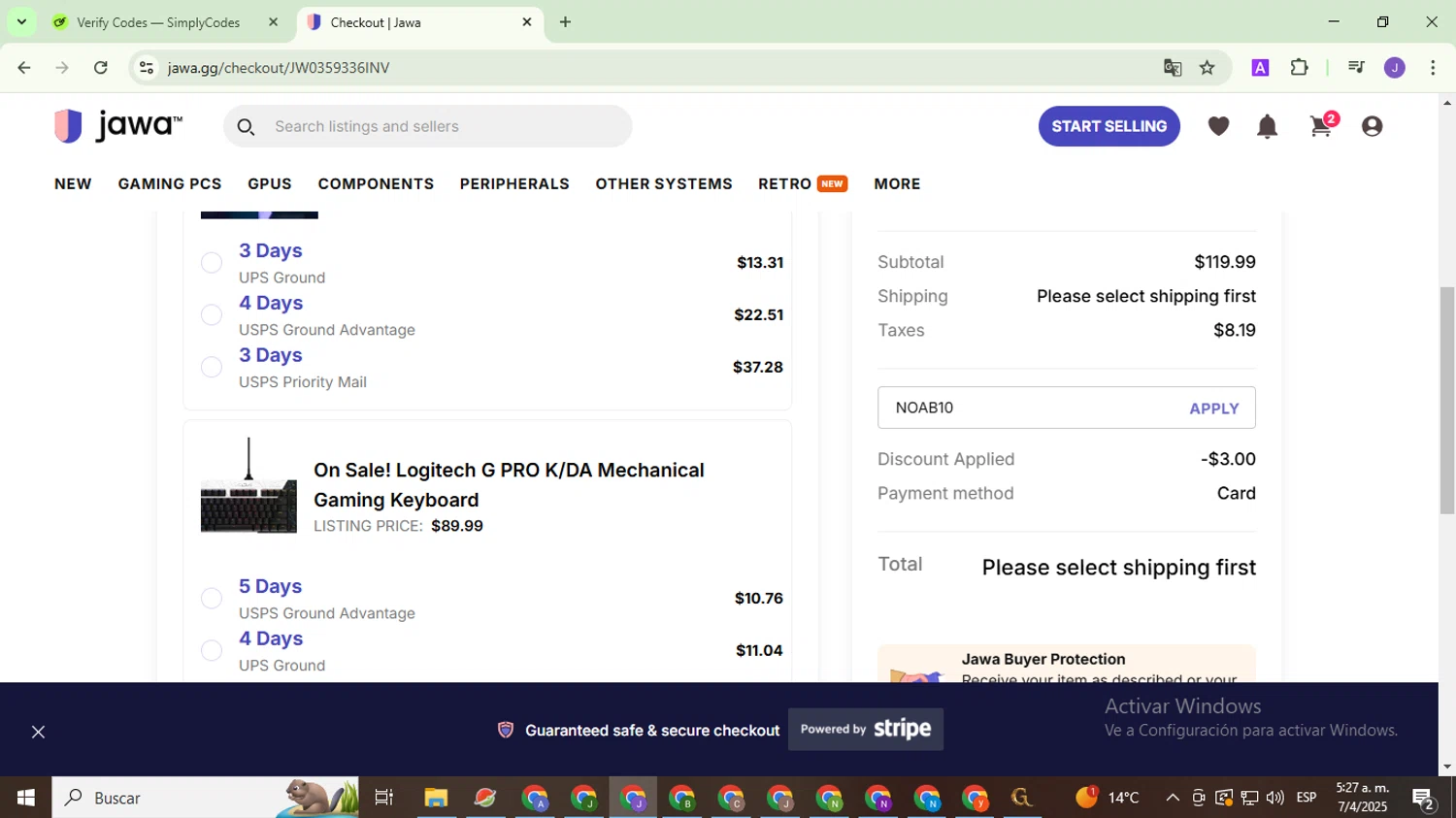 Jawa discount code screenshot showing code NOAB10 applied at Jawa checkout page. Uploaded by SimplyCodes community member PromoHunter9043 on Apr 7, 2025