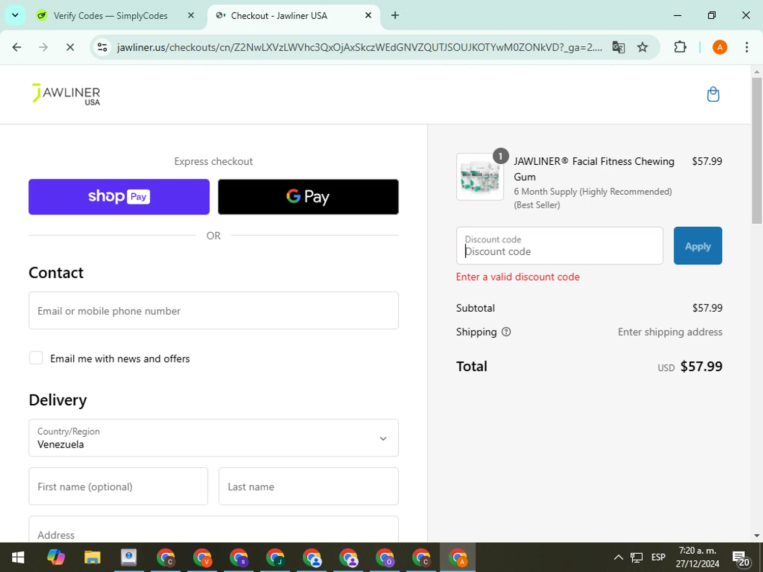 Jawliner USA promo code screenshot showing code WELCOME20 applied at Jawliner USA checkout page. Uploaded by SimplyCodes community member TreasureFox8596 on Dec 27, 2024