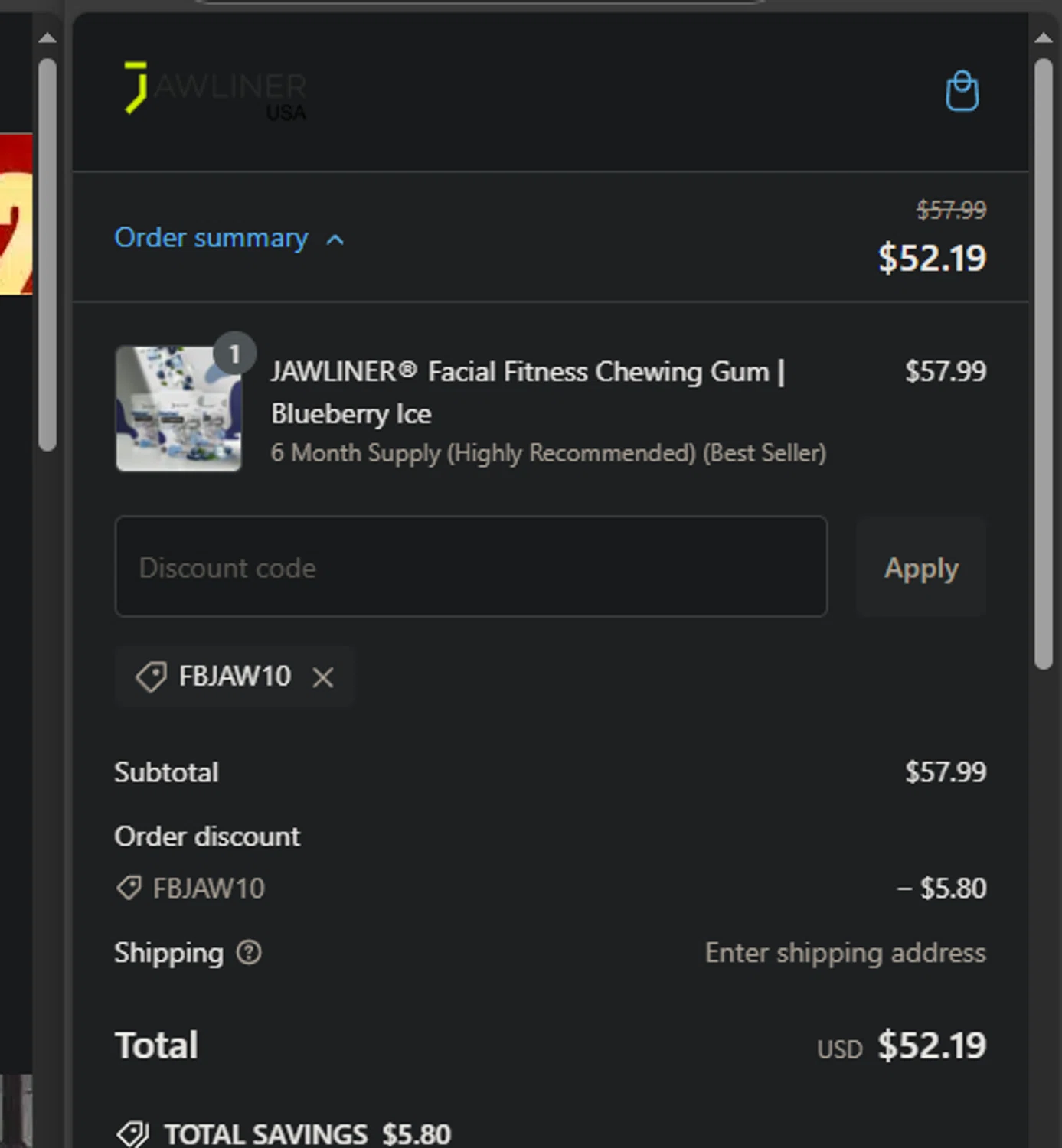 Jawliner USA promo code screenshot showing code fbjaw10 applied at Jawliner USA checkout page. Uploaded by SimplyCodes community member Gianpiero on Jan 27, 2025