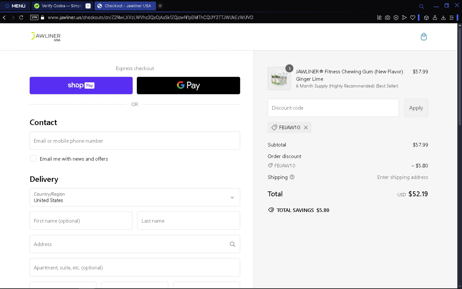 Jawliner USA promo code screenshot showing code fbjaw10 applied at Jawliner USA checkout page. Uploaded by SimplyCodes community member fuguettt on Feb 25, 2025