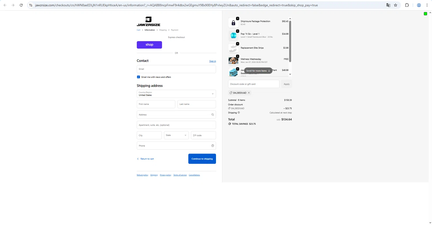 Jawzrsize checkout page showing Jawzrsize discount code box | Screenshot taken by SimplyCodes community member on Feb 9, 2026