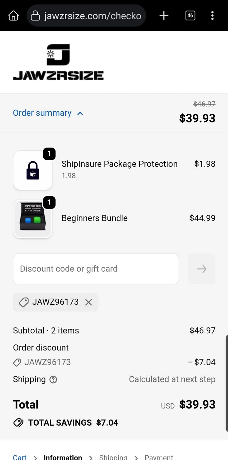 Jawzrsize discount code screenshot showing code JAWZ96173 applied at Jawzrsize checkout page. Uploaded by SimplyCodes community member Carloslvz on Nov 24, 2025