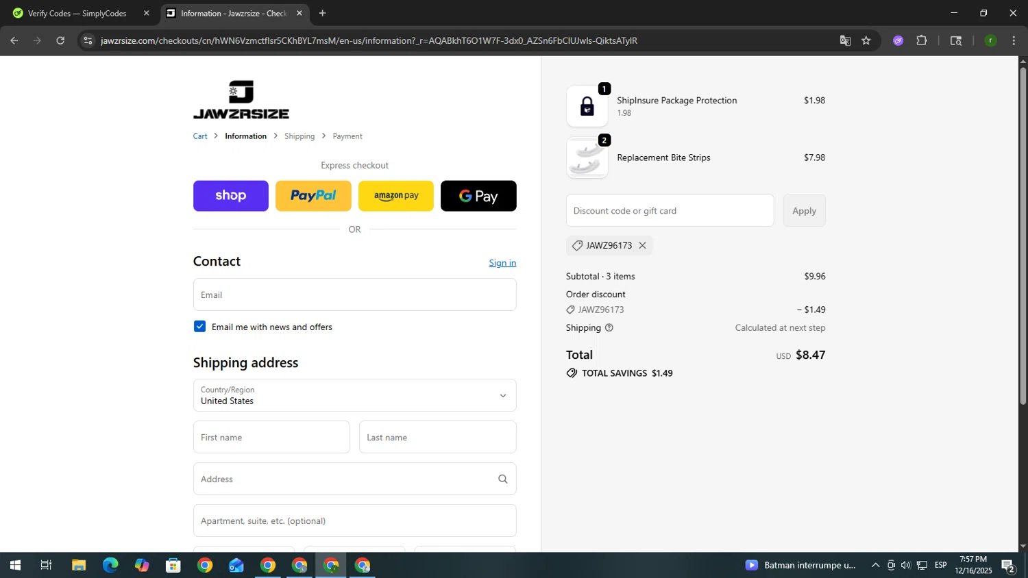 Jawzrsize discount code screenshot showing code JAWZ96173 applied at Jawzrsize checkout page. Uploaded by SimplyCodes community member GoldScout9735 on Dec 16, 2025