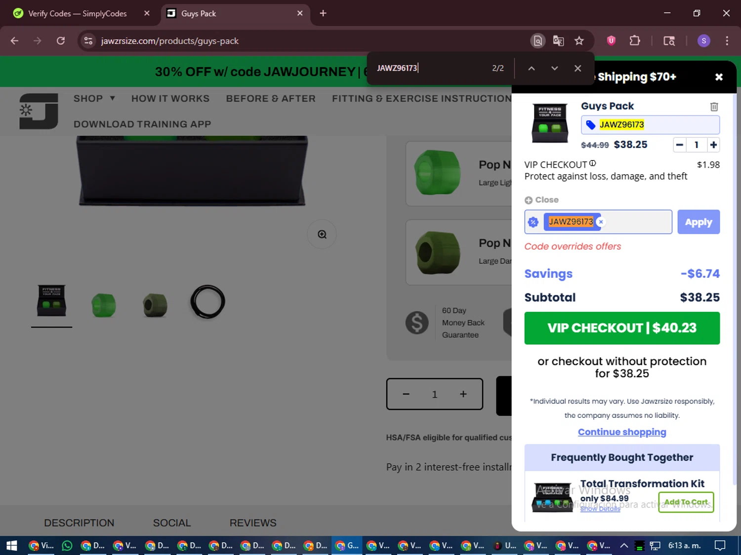 Jawzrsize discount code screenshot showing code JAWZ96173 applied at Jawzrsize checkout page. Uploaded by SimplyCodes community member LuckyVoyager688 on Nov 9, 2025