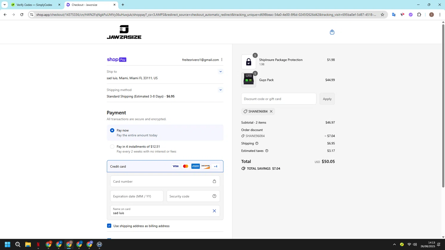 Jawzrsize discount code screenshot showing code SHANE96084 applied at Jawzrsize checkout page. Uploaded by SimplyCodes community member CashSleuth106 on Aug 26, 2025