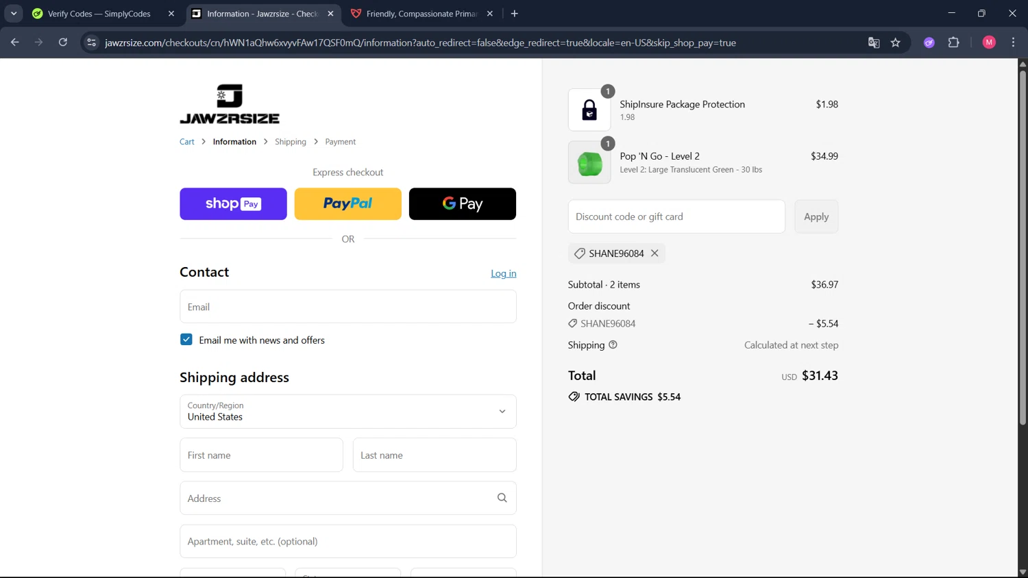 Jawzrsize discount code screenshot showing code SHANE96084 applied at Jawzrsize checkout page. Uploaded by SimplyCodes community member ValueCollector4159 on Aug 9, 2025