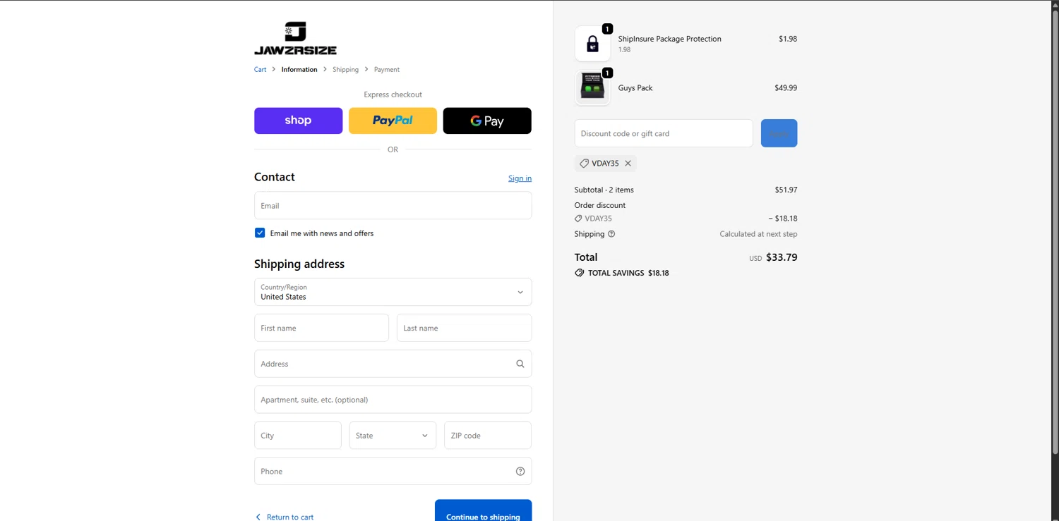 Jawzrsize checkout page showing Jawzrsize discount code box | Screenshot taken by SimplyCodes community member on Feb 9, 2026