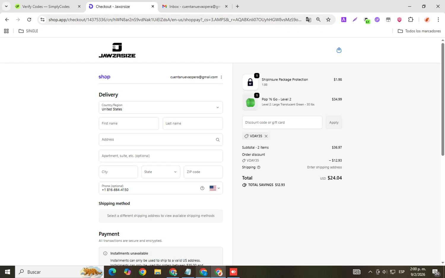 Jawzrsize checkout page showing Jawzrsize discount code box | Screenshot taken by SimplyCodes community member on Feb 9, 2026