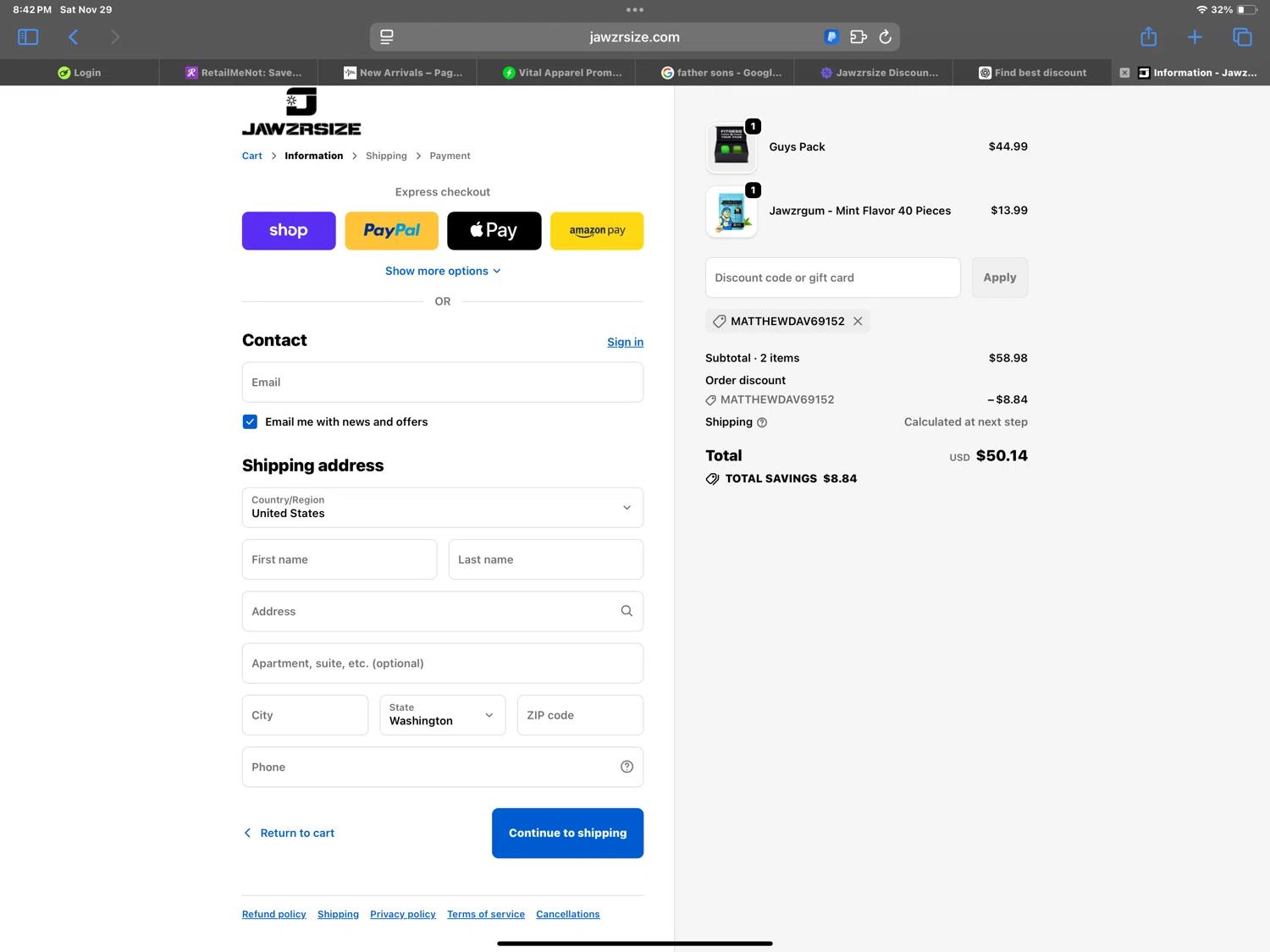 Jawzrsize discount code screenshot showing code Matthewdav69152 applied at Jawzrsize checkout page. Uploaded by SimplyCodes community member blinkzz on Nov 30, 2025