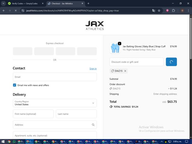 Jax Athletic checkout page showing Jax Athletic promo code box | Screenshot taken by SimplyCodes community member on Sep 19, 2025