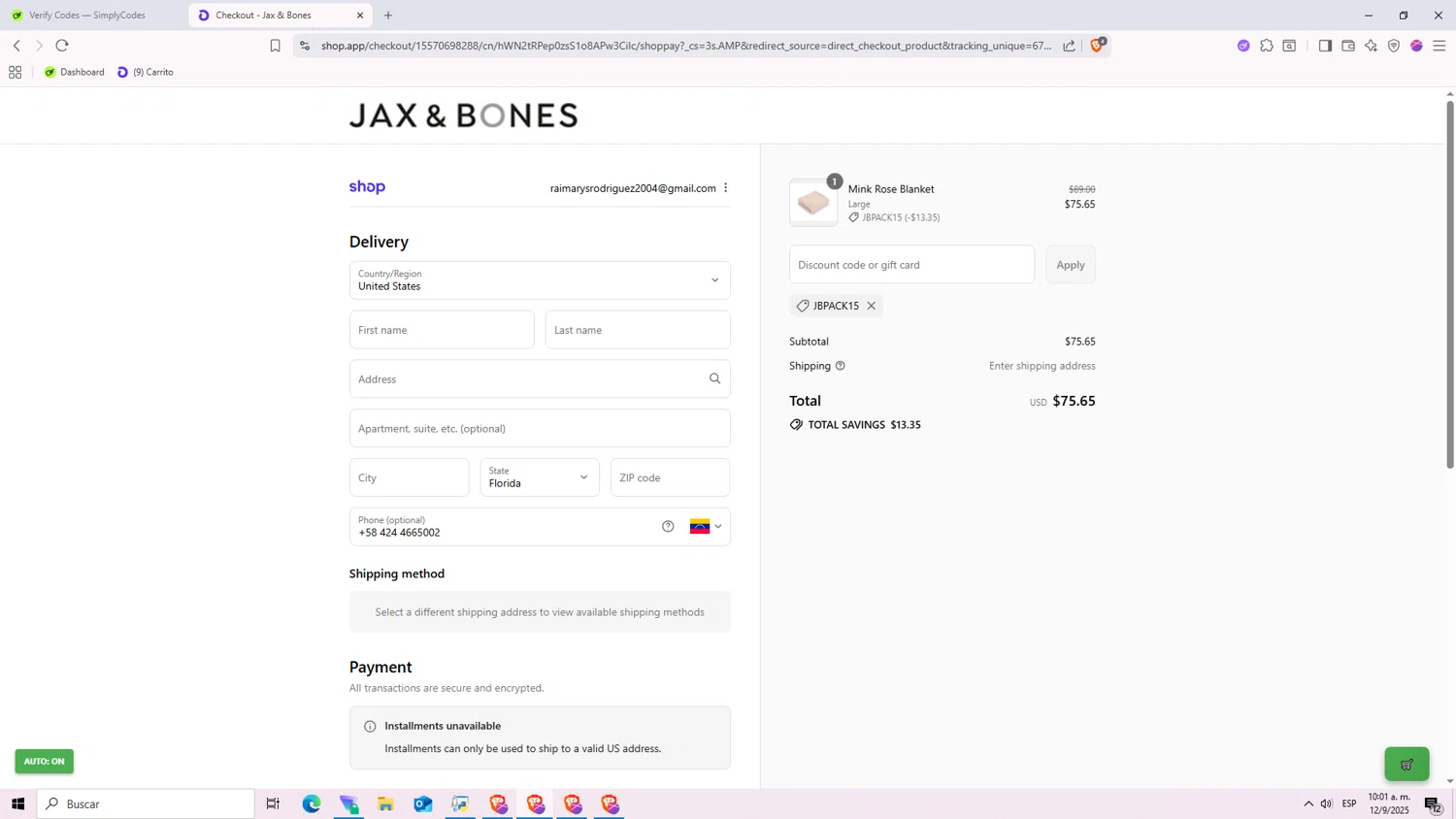 Jax & Bones promo code screenshot showing code JBPACK15 applied at Jax & Bones checkout page. Uploaded by SimplyCodes community member Nezukooo on Sep 12, 2025