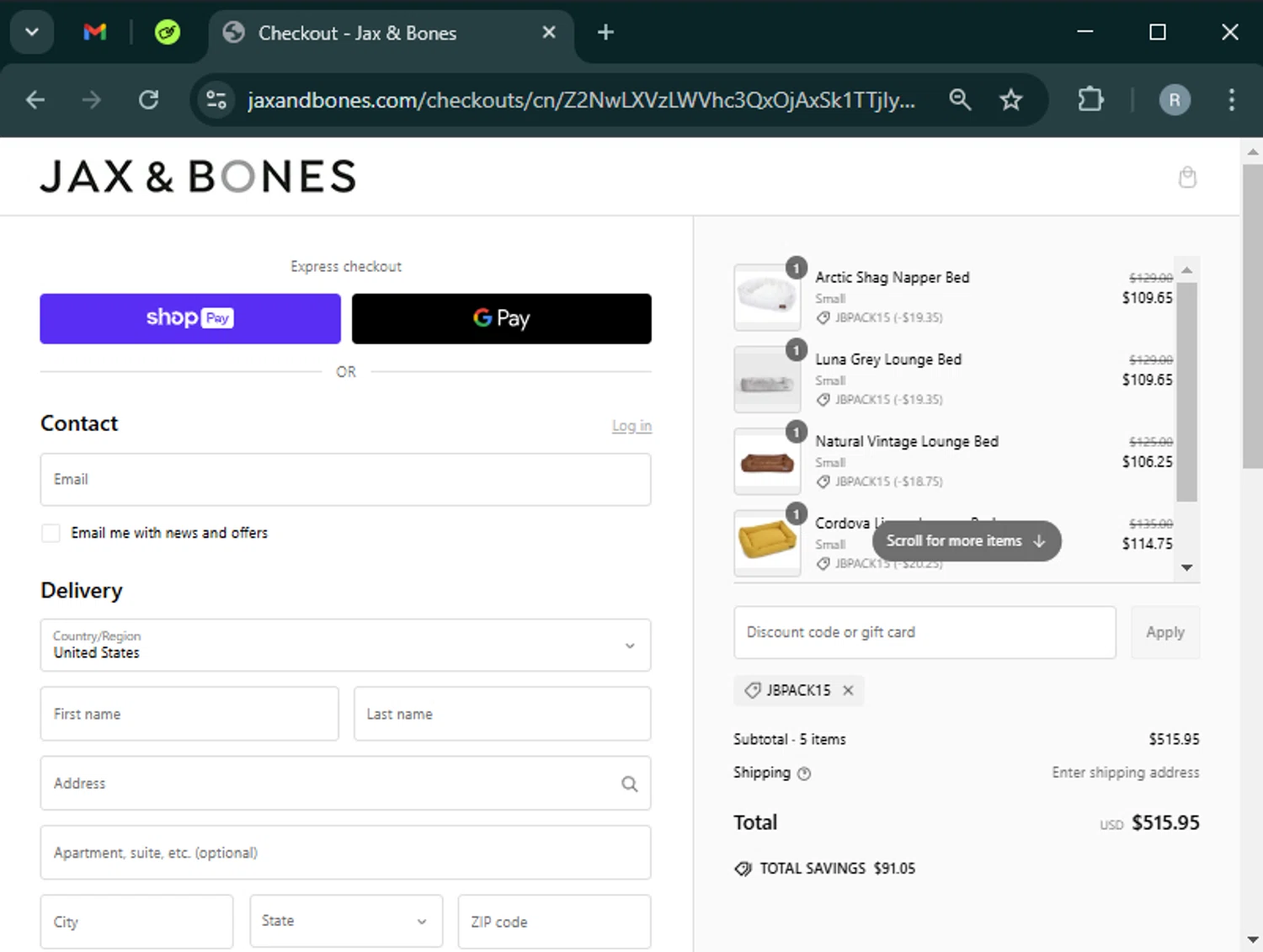 Jax & Bones promo code screenshot showing code JBPACK15 applied at Jax & Bones checkout page. Uploaded by SimplyCodes community member PrimeWhiz5416 on Feb 23, 2025