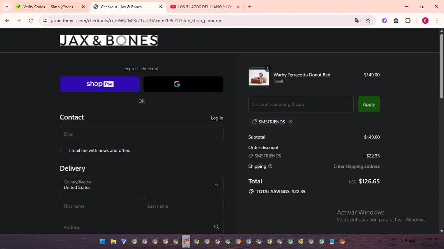 Jax & Bones promo code screenshot showing code SMSFRIENDS applied at Jax & Bones checkout page. Uploaded by SimplyCodes community member EpicSaver9948 on Jul 23, 2025