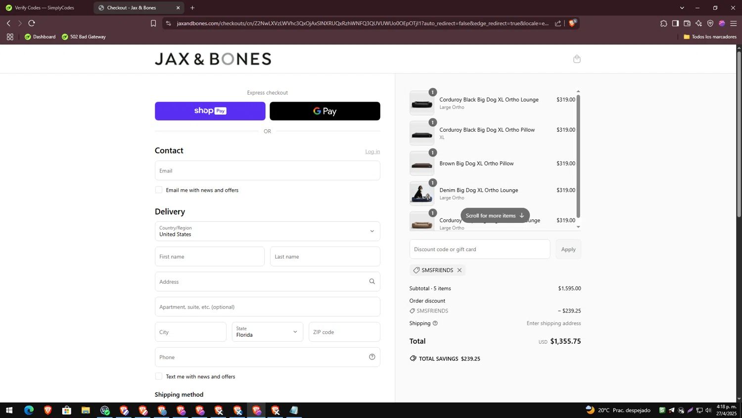 Jax & Bones promo code screenshot showing code SMSFRIENDS applied at Jax & Bones checkout page. Uploaded by SimplyCodes community member CodeKnight1040 on Apr 27, 2025