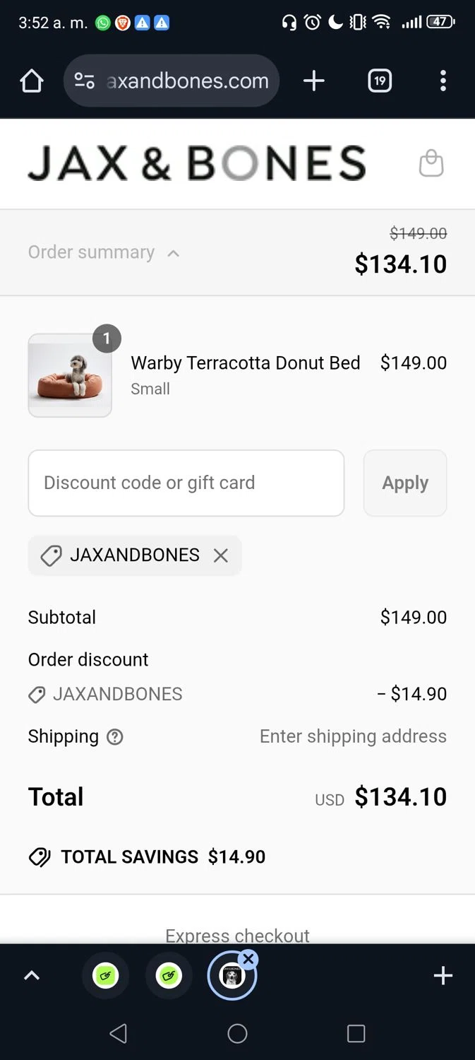 Jax & Bones promo code screenshot showing code JAXANDBONES applied at Jax & Bones checkout page. Uploaded by SimplyCodes community member Gojosatoru20 on Jun 22, 2025