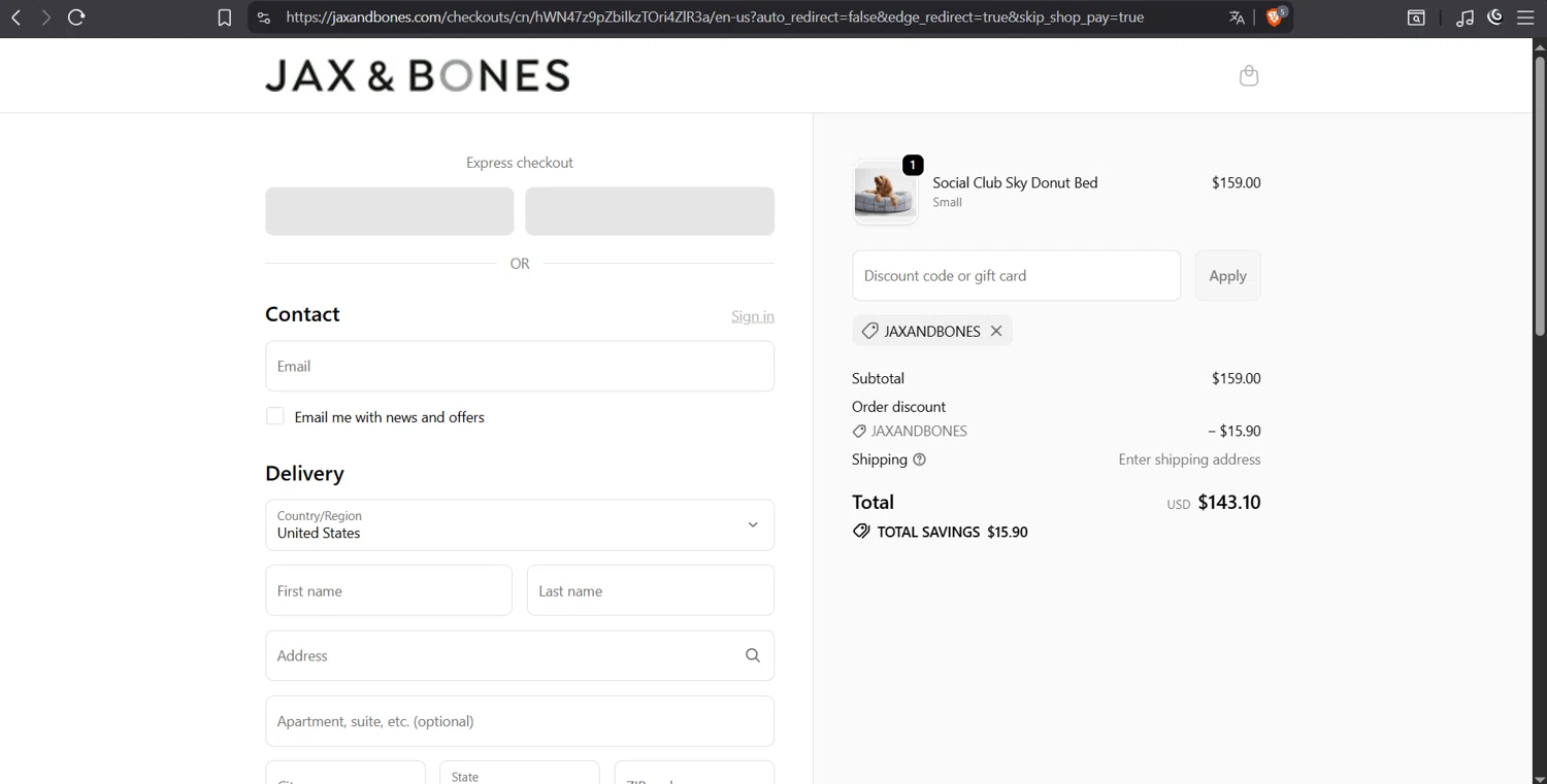 Jax & Bones promo code screenshot showing code JAXANDBONES applied at Jax & Bones checkout page. Uploaded by SimplyCodes community member juanvargas1 on Oct 15, 2025
