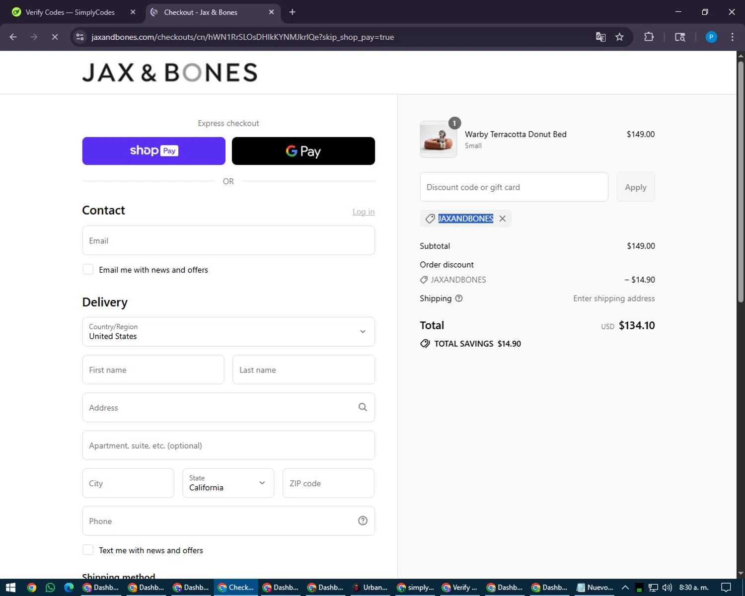 Jax & Bones promo code screenshot showing code JAXANDBONES applied at Jax & Bones checkout page. Uploaded by SimplyCodes community member juiceWRLD on Aug 5, 2025