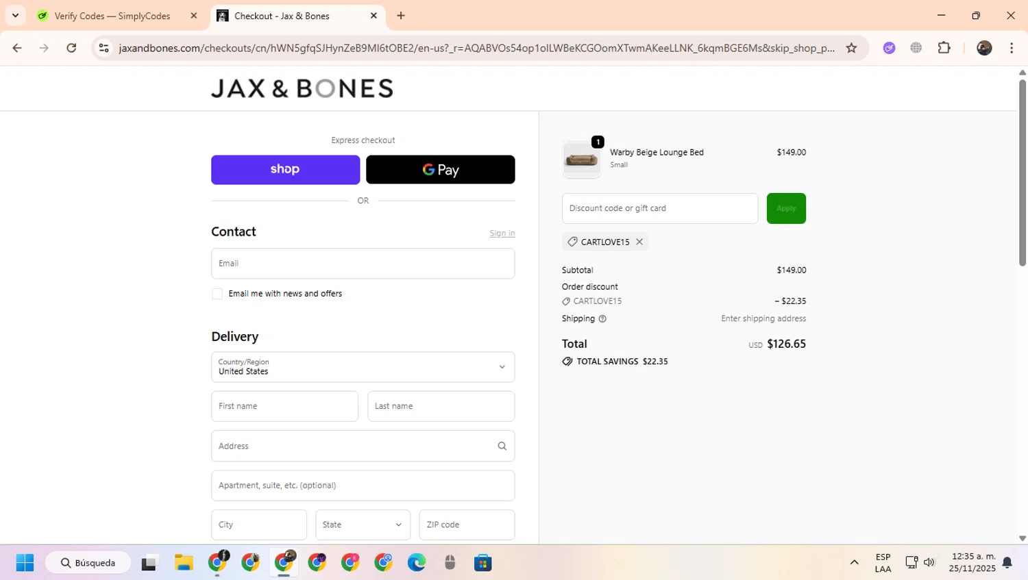 Jax & Bones promo code screenshot showing code CARTLOVE15 applied at Jax & Bones checkout page. Uploaded by SimplyCodes community member CoinScout855 on Nov 25, 2025