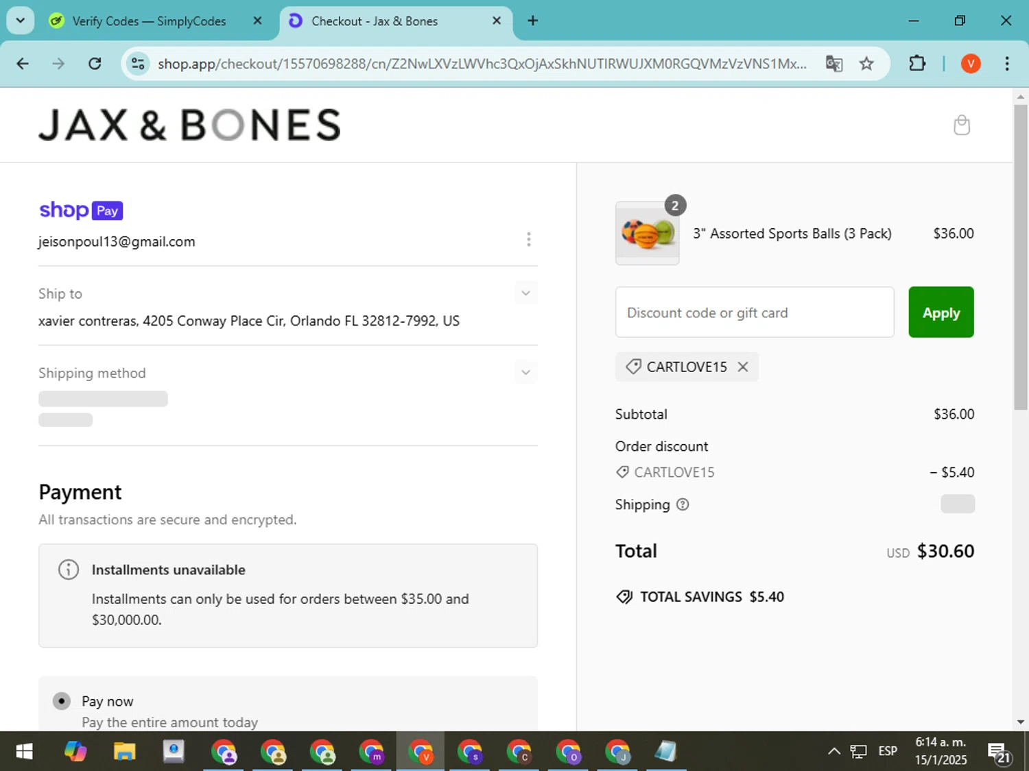 Jax & Bones promo code screenshot showing code CARTLOVE15 applied at Jax & Bones checkout page. Uploaded by SimplyCodes community member CodeMonarch8148 on Jan 15, 2025