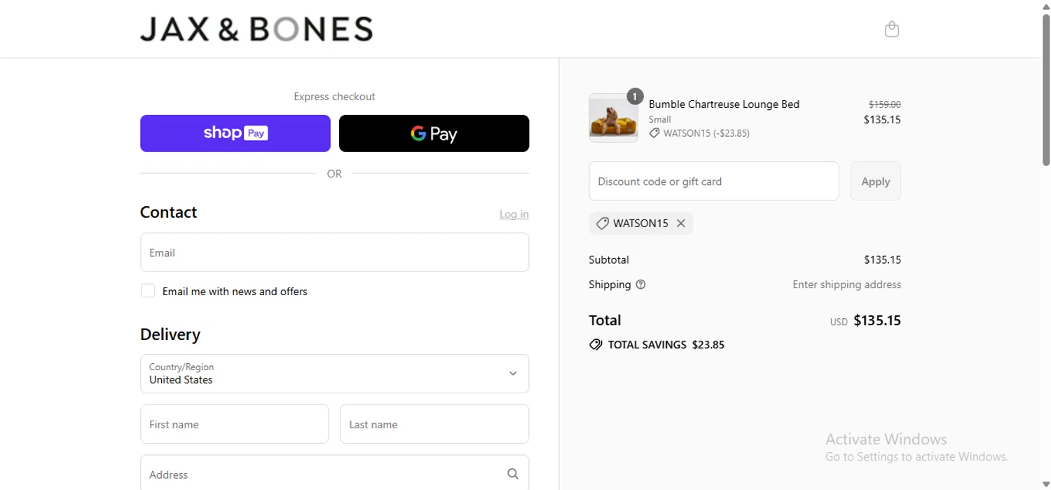 Jax & Bones promo code screenshot showing code WATSON15 applied at Jax & Bones checkout page. Uploaded by SimplyCodes community member anosesmith on Aug 27, 2025